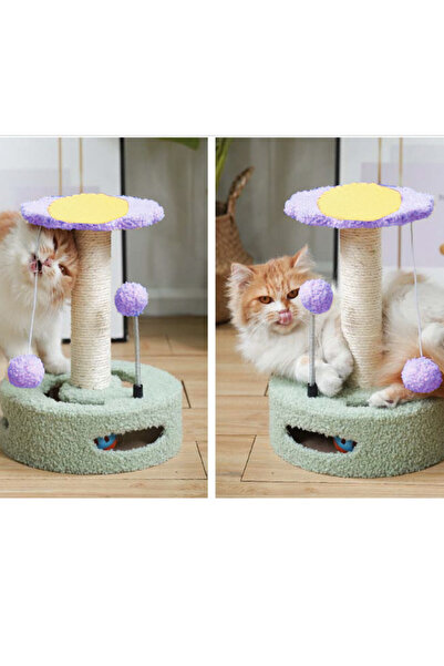 PUFO Flower cat play set, with scratching post and ball, 33 cm, green/purple