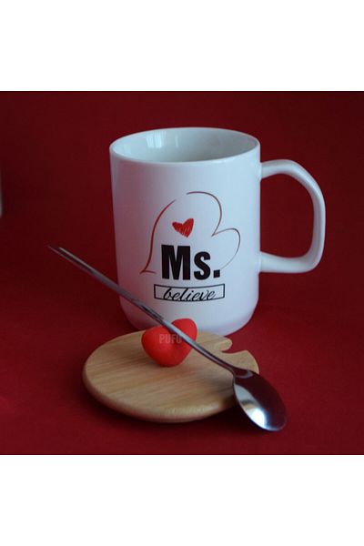 PUFO Cană ceramică Ms Believe cu capac din bambus, pentru cafea sau ceai, 340 ml, albă