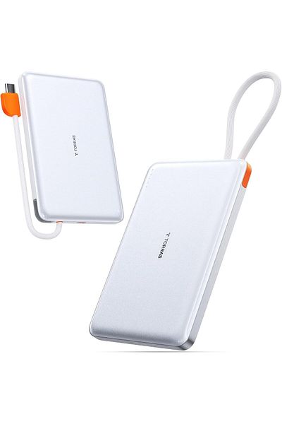 TORRAS بنك طاقة PebbleLink مع كابل USB-C مدمج، 10,000 مللي أمبير/ساعة، 22.5 واط، iPhone وAndroid، أبيض (بدون اتصال لاسلكي)
