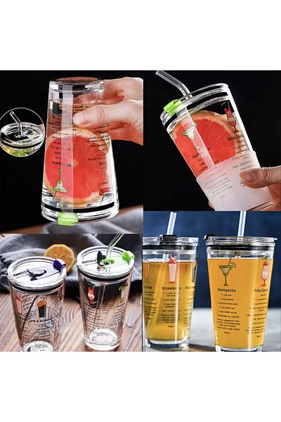 PUFO Cană de cafea transparentă din sticlă Cocktails cu capac, 450 ml