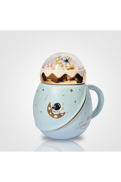 PUFO Ceainic ceramic Travel the Space cu capac pentru cafea sau ceai, 500 ml, albastru
