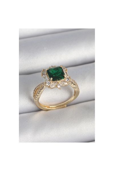 Skygo Brass Gold Color Zircon Stone Green Square Solitaire Model Women's Ring - Tj-Byk3711