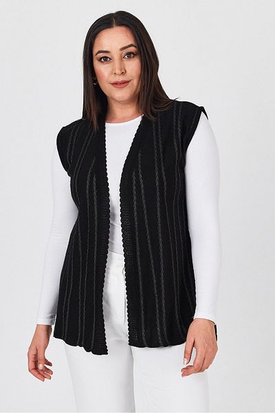 Uludağ Triko Women's Black Glitter Striped V-Neck Seasonal Mother Summer Vest