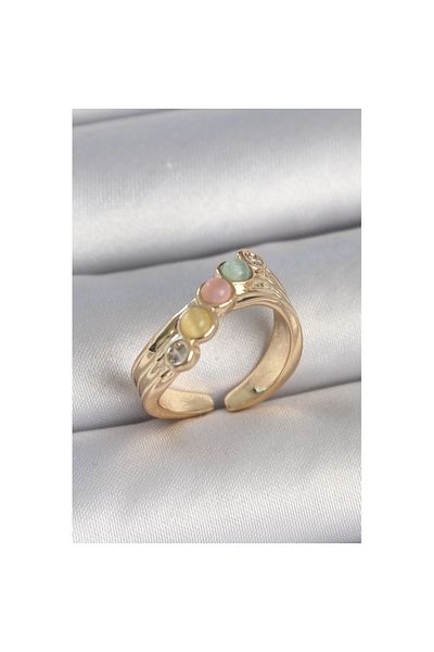 Skygo Brass Gold Color Zircon Stone Detailed Mixed Enamel Adjustable Women's Ring - Tj-Byk3729