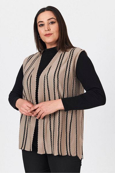 Uludağ Triko Women's Sand Silvery Striped V-Neck Seasonal Mother Summer Vest
