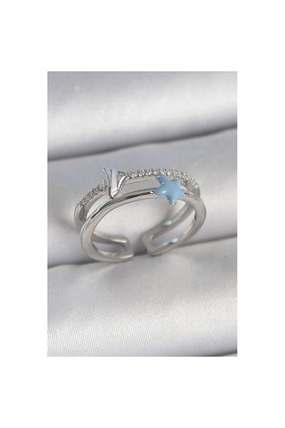 Skygo Brass Silver Color 2-Piece Zircon Stone Blue Star Figure Adjustable Women's Ring - Tj-Byk3738