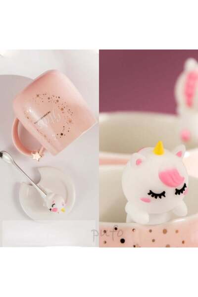 PUFO Beautiful Stars ceramic mug with lid and spoon for coffee or tea, 450 ml, pink