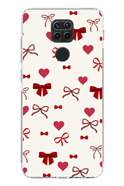 TechTree Redmi Note 9 Uyumlu Bordo Kalp ve Fiyonklar Şeffaf Silikon Kılıf