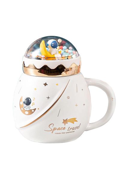 PUFO Travel the Space ceramic teapot mug with lid for coffee or tea, 500 ml, white