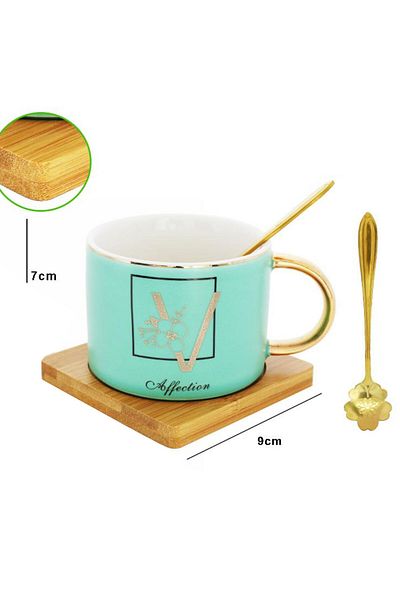 PUFO Reason Bamboo Cup With Saucer And Spoon For Coffee Or Tea, 180 Ml, Light Green