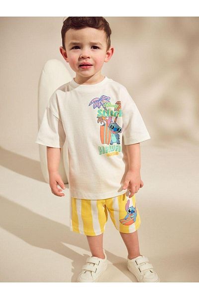 Magu Σετ μπλουζάκι με στάμπα Disney Stitch από βαμβακερό λευκό και κίτρινο ριγέ σορτς