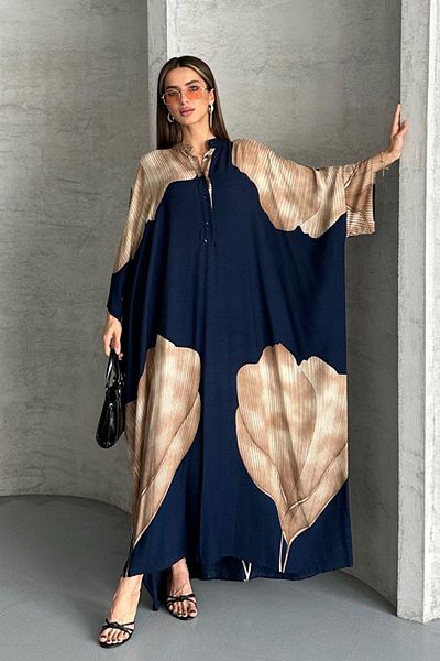 AYASOFYA OTANTIK Women's Navy Blue Button Closure Judge Collar Patterned Oversize Loose Dress