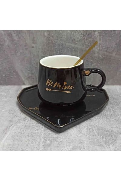 PUFO Cană ceramică cu farfurie în formă de inimă și linguriță Pufo Be Mine pentru cafea sau ceai, 180 ml, neagră