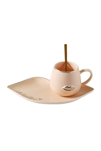 PUFO Cană ceramică frumoasă cu farfurie și linguriță pentru cafea sau ceai, 180 ml, cremă