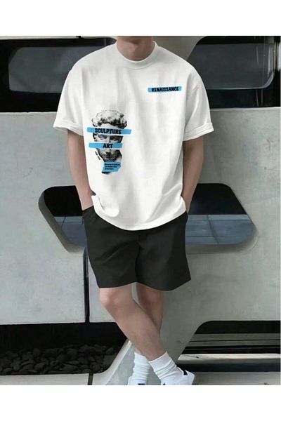 khufu Oversize Crew Neck Bottom Top T-Shirt Shorts Art Printed Double Suit Unisex
