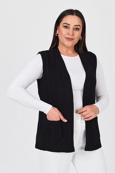 Uludağ Triko Women's Black Pocket Winter Thick Knitted Knitwear Mother Vest