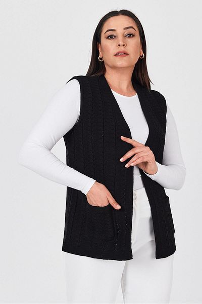 Uludağ Triko Women's Black Pocket Winter Thick Knitted Knitwear Mother Vest