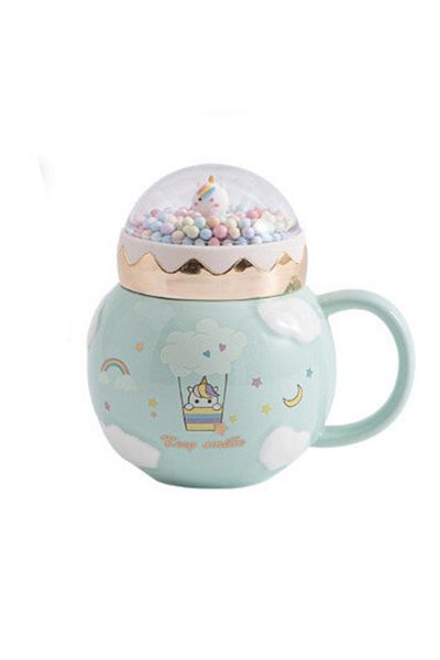 PUFO Unicorn World ceramic mug with lid for coffee or tea, 400 ml, green