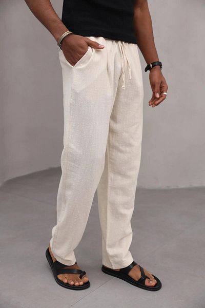 Trendiz Men's Premium Relaxed Fit 100% Cotton Lace-Up Men's Trousers Beige