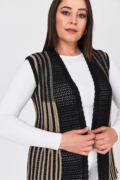 Uludağ Triko Women's Black Double Color Openwork Embroidered Seasonal Knitwear Mother Summer Vest