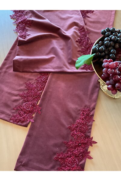 Hyatt Concept Fransız dantel aplikeli bordo kadife salon oda takımı runner ör...