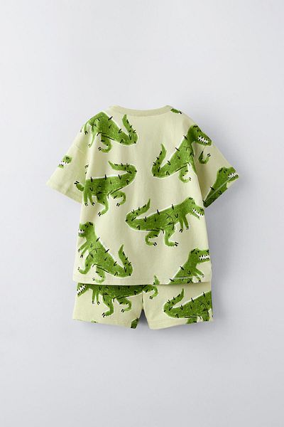 Magu Boy's Cotton Light Green Dinosaur Patterned Summer Shorts T-Shirt Set