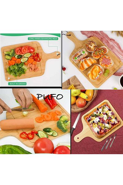 PUFO Bamboo wooden platter with handle for serving food, appetizers, pizza, 36 x 24 cm, brown