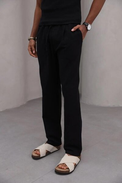 Trendiz Men's Premium Relaxed Fit 100% Cotton Lace-Up Men's Trousers Black