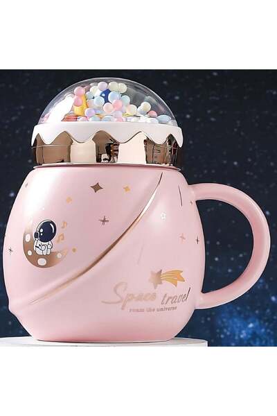 PUFO Travel the Space ceramic teapot mug with lid for coffee or tea, 500 ml, pink