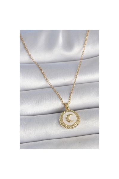 Skygo 316L Steel Gold Color Chain White Enamel Crescent Embroidered Medallion Model Women's Necklace - Tj-Bko10035