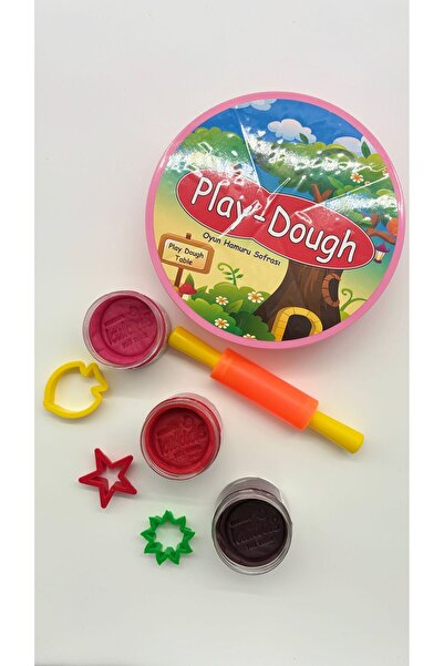 %100 Doğal 3 Renk Oyun Hamuru+20x20 Mini Oyun Sofrası ve Merdane +3 Parça Kalıp Agaç Temalı