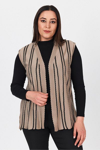Uludağ Triko Women's Sand Silvery Striped V-Neck Seasonal Mother Summer Vest