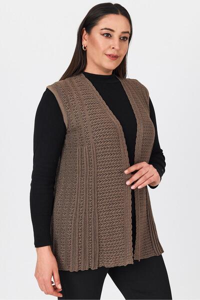 Uludağ Triko Women's Brown Openwork Embroidered Seasonal Knitwear Mother's Summer Vest