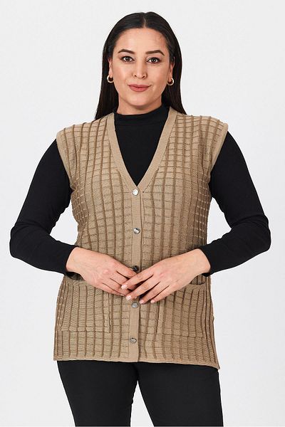 Uludağ Triko Women's Milky Coffee Silvery Striped Seasonal Mother Summer Vest with Buttons and Pockets