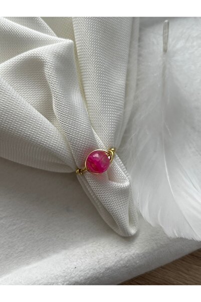 Pel Design 8 mm Pembe Akik Taşı Altın Tel Yüzük