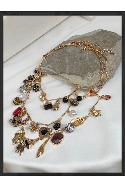 GM TAKI Marka Model Mystic Parça Altın Renk Çoklu Charm Kolye-3 parça