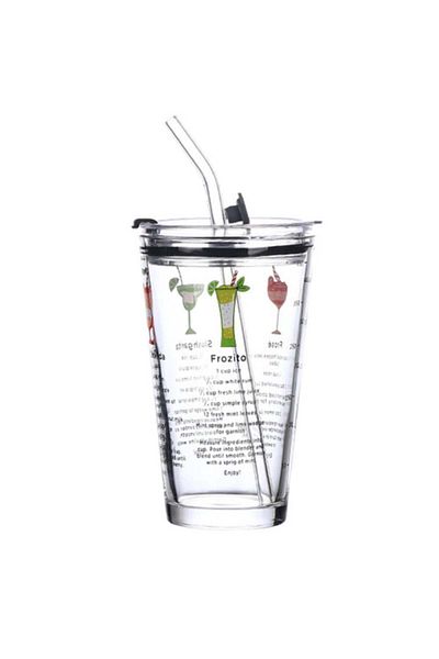 PUFO Cană de cafea transparentă din sticlă Cocktails cu capac, 450 ml