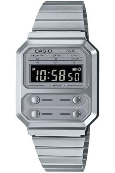 Casio Casio Unisex Watch - A100WE-7BDF Silver Dial, Silver Band