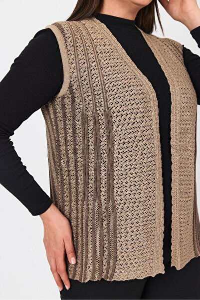 Uludağ Triko Women's Sand Double Color Openwork Embroidered Seasonal Knitwear Mother Summer Vest