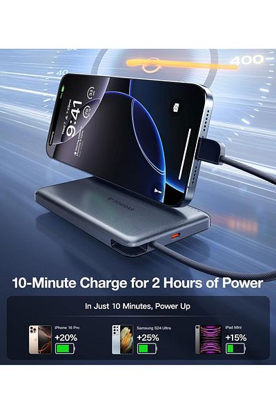 TORRAS PebbleLink Power Bank With Built-in USB-C Cable,10,000mAh, 22.5W iPhone, Android, Grey (No-Wireless)