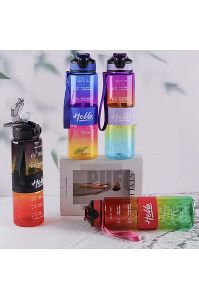 PUFO Motivational water bottle for sports, fitness, training, with straw included, 1L, red/green