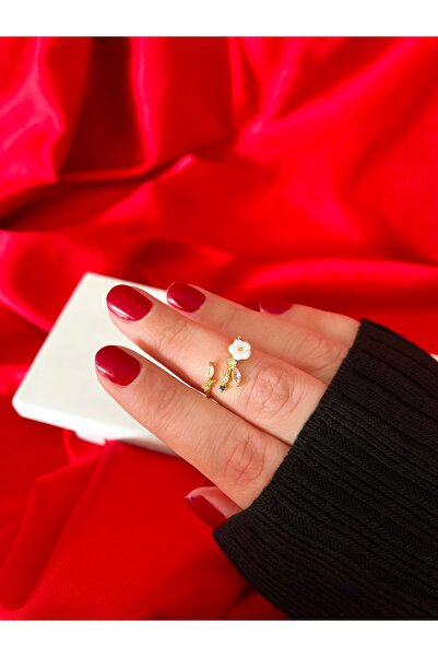 Butik Manolya Çiçeği Pembe Gold Ayarlanabilir Çelik Yüzük