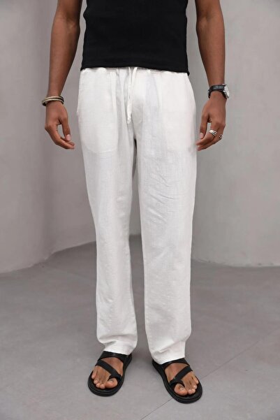 Trendiz Men's Premium Relaxed Fit 100% Cotton Lace-Up Men's Trousers White