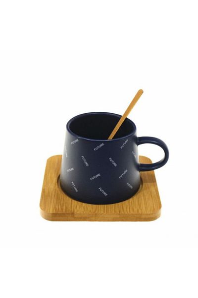 PUFO Cană ceramică cu suport din lemn și linguriță Pufo Future pentru cafea sau ceai, 220 ml, albastră