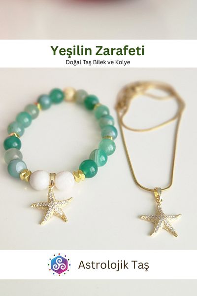 Astrolojik Doğal Taş Elegance of Green Natural Stone Bracelet & Charm Chain Necklace Set - Green Agate & Moonstone
