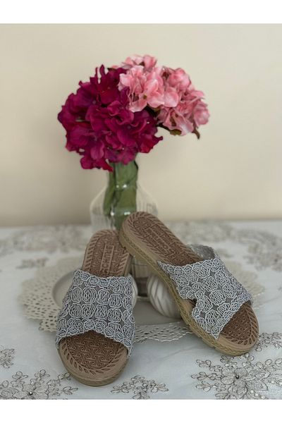 FivemodaSpor Women's Straw Slippers Closed Front Open Mesh Lace Knitwear Embroidery Detailed Stylish Summer Home Beach Vacation Slippers