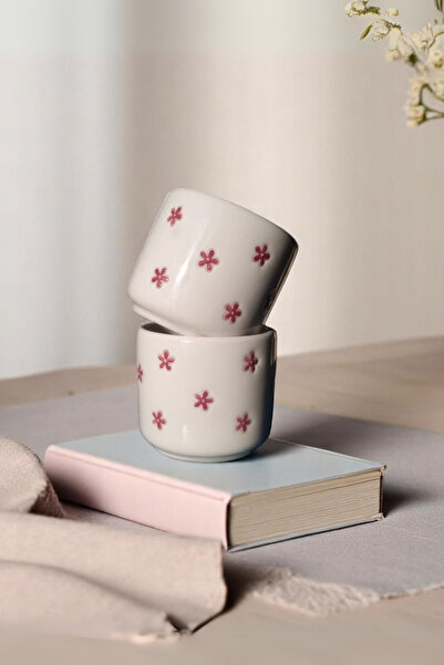 YUUGI CERAMIC Pink Flower Patterned Ceramic Double Turkish Coffee and Espresso Cup - 2 Pieces 110 ml