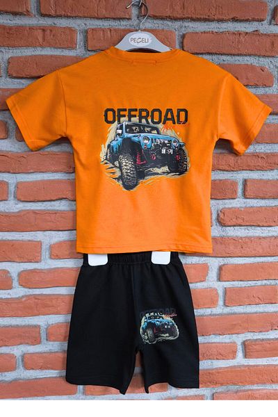 endudu New Season Front Back Printed Boys' Summer 2-Piece Shorts Suit Off-Road Car Printed