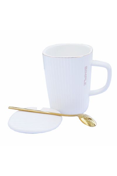 PUFO Cană ceramică simplă cu capac și linguriță pentru cafea sau ceai, 320 ml, albă
