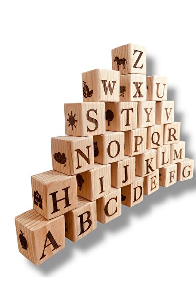Rozana Shop Resimli Ingilizce Alfabe Seti Doğal Ahşap Eğitici Küpler